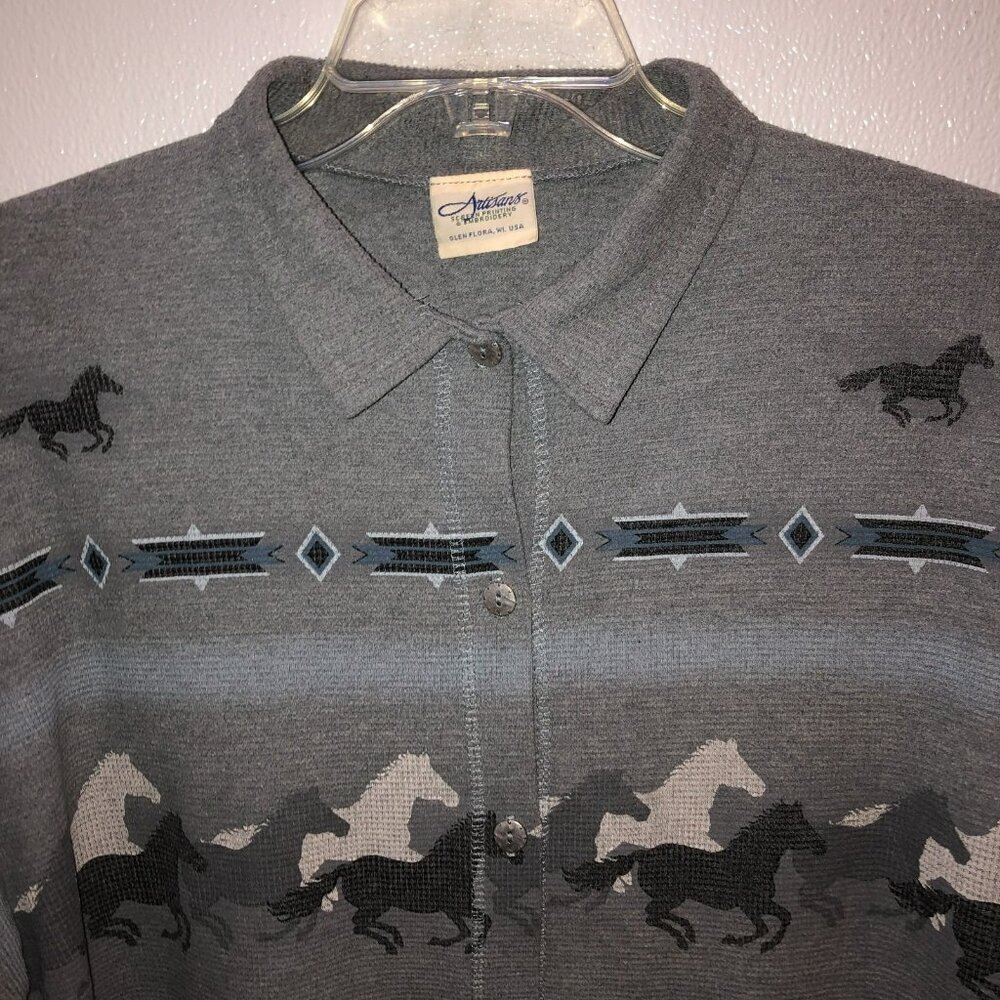 Vintage Artisans Womens 2X Gray Aztec Horse Ponies Long Sleeve Button Up Shirt - Picture 5 of 8